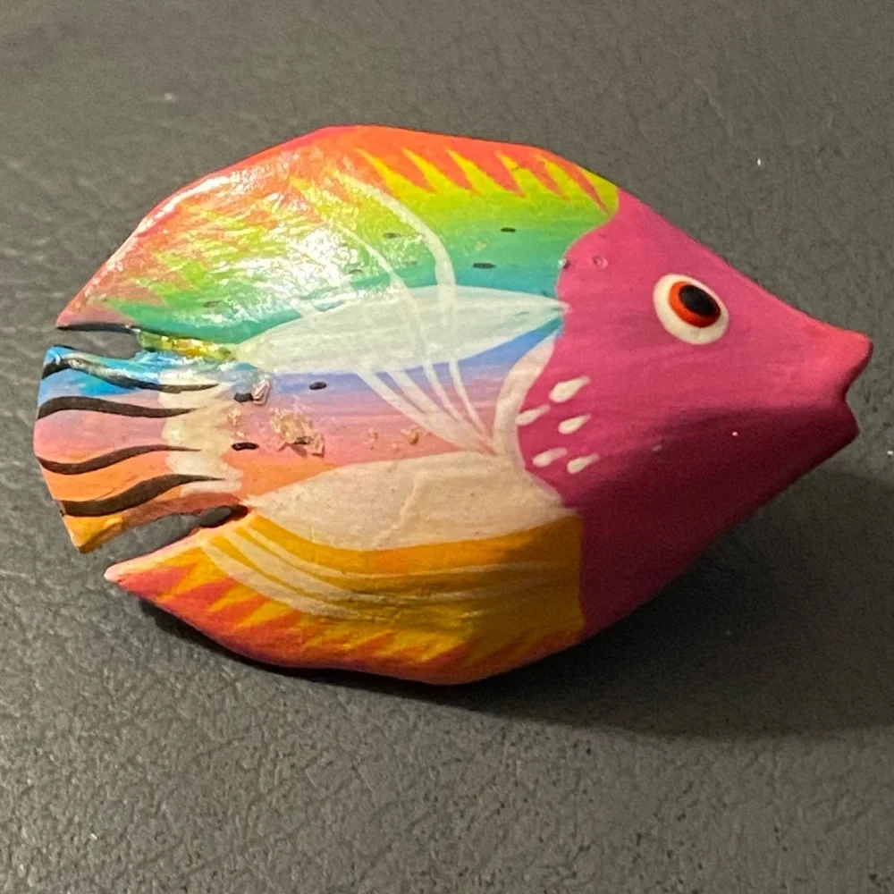 Vintage Colorful Wooden Hand Crafted Earrings Pierced Tropical Fish Design